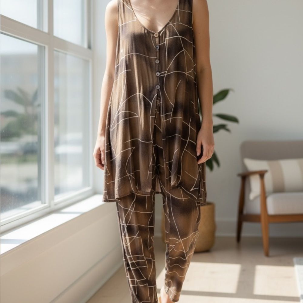 Vintage Rialto By Joy Perreras Brown Geometric Patterned Jumpsuit - 2 Piece Set